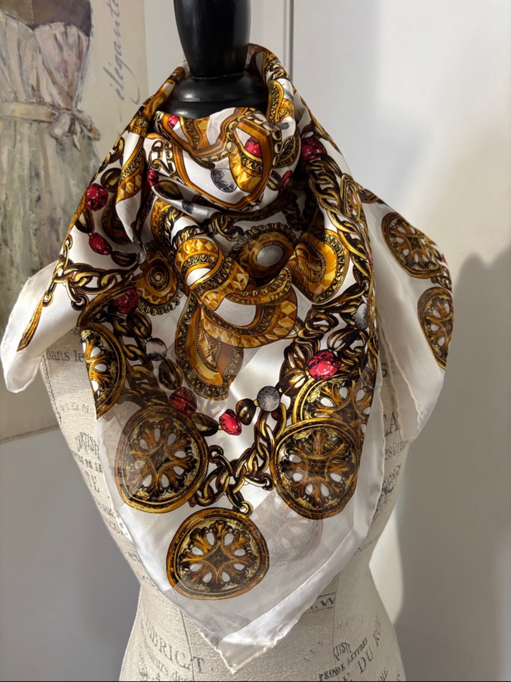 Yves Saint Laurent Ivory Silk-Effect Scarf with Gold Chain and Pink Jewel Motif - Picture 1 of 5